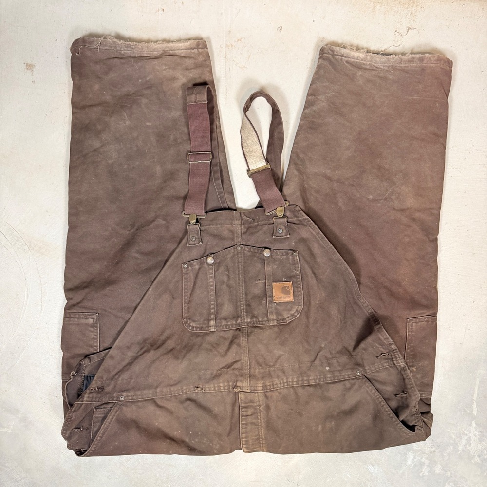 Carhartt R27 DKB Quilt Lined Sandstone Bib Overalls Dark Brown 50x28 Mens
